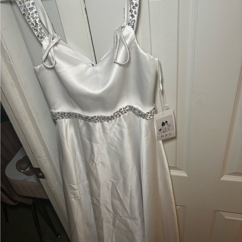 Elegant White Satin Dress with Embellished Straps